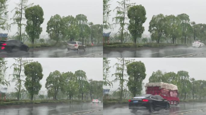 雨天车窗雨水玻璃模糊窗外道路车辆行驶