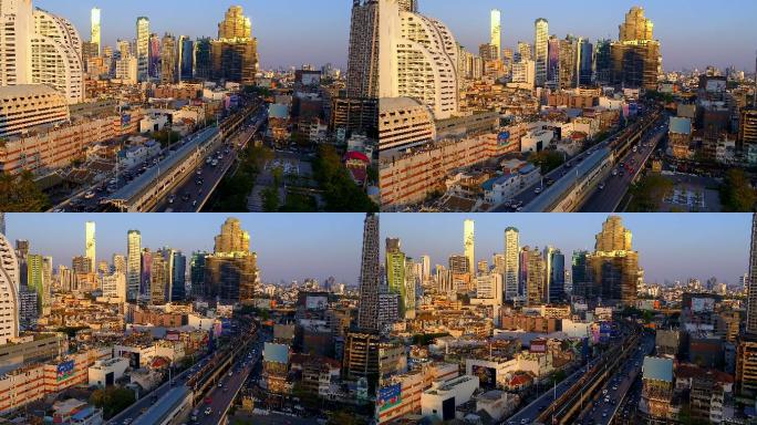 曼谷天际线，包括高层建筑、城市规划、鸟瞰、移动和缩放