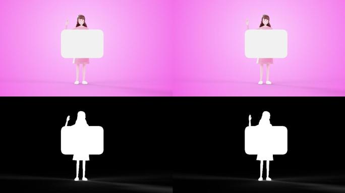 3d动画卡通女拿着白板，白纸空作拷贝空间。