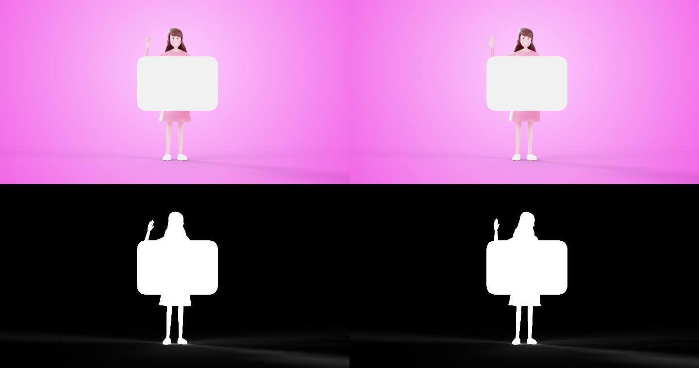 3d动画卡通女拿着白板，白纸空作拷贝空间。