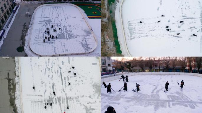 冬天学生清理操场扫雪