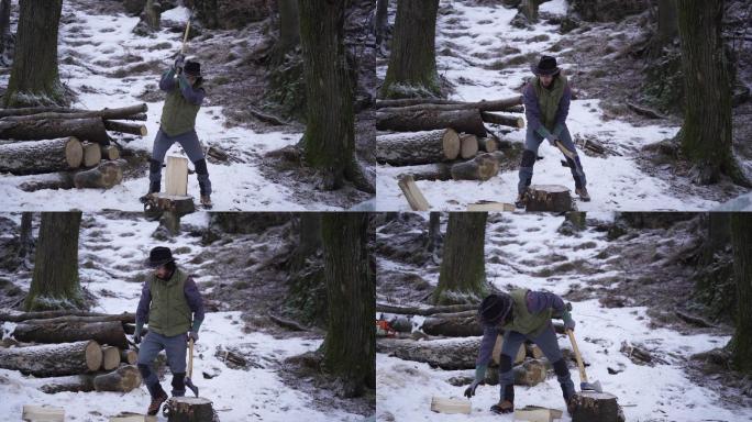 雪天用斧头砍柴的人
