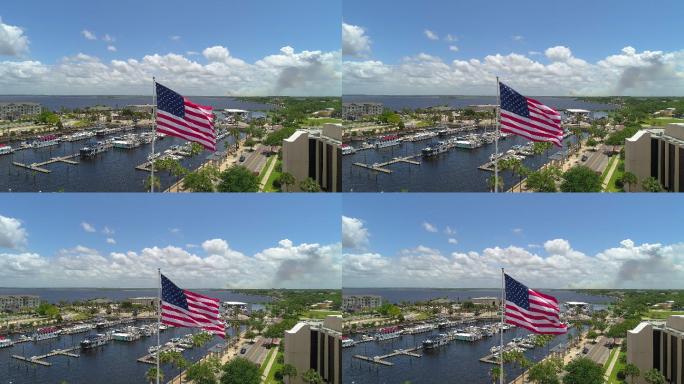 鸟瞰佛罗里达州桑福德市中心老兵纪念公园内飘扬的美国国旗。