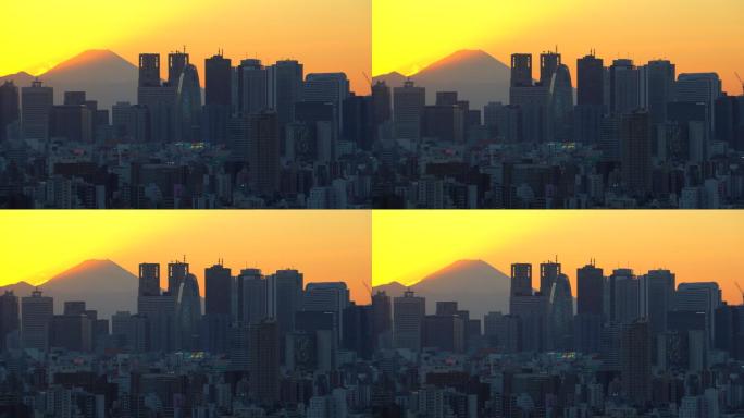 日落前的富士山和城市建筑