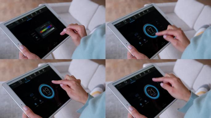 一位面目全非的女士在智能家居中通过平板电脑调节光线、音乐和温度的偏好