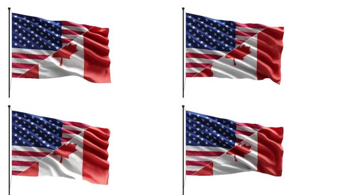 4k美国和加拿大国旗在桅杆上迎风飘扬的概念