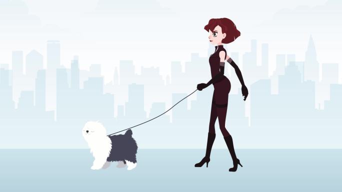 《快乐女人与狗同行》卡通动画，城市背景