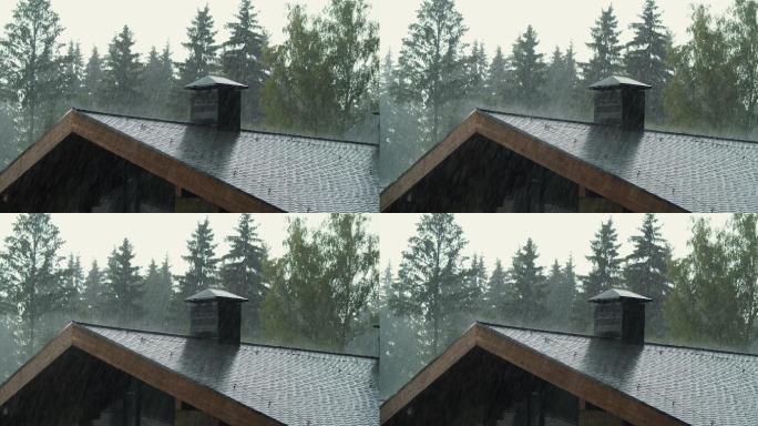 大雨倾泻在屋顶上湿漉漉细雨蒙蒙细雨绵绵