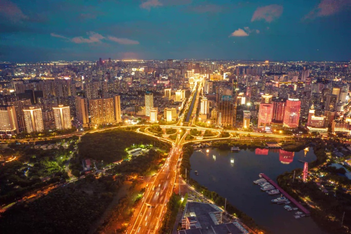 海口滨海立交夜景航拍环绕延时