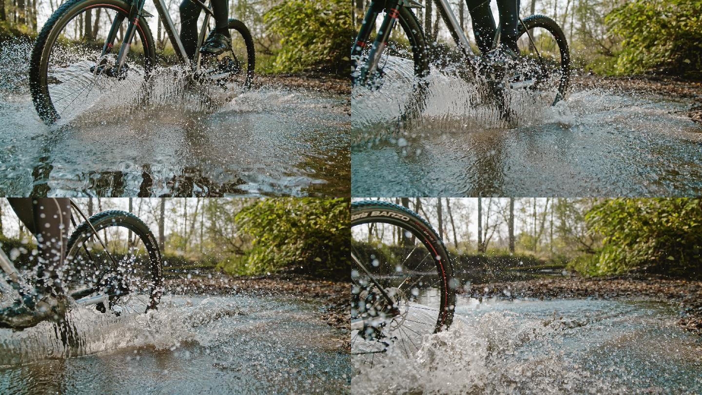 山地摩托车手骑自行车穿越森林小溪的时间扭曲效应