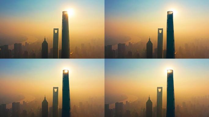 4K 上海复工陆家嘴平流雾日出 航拍视频