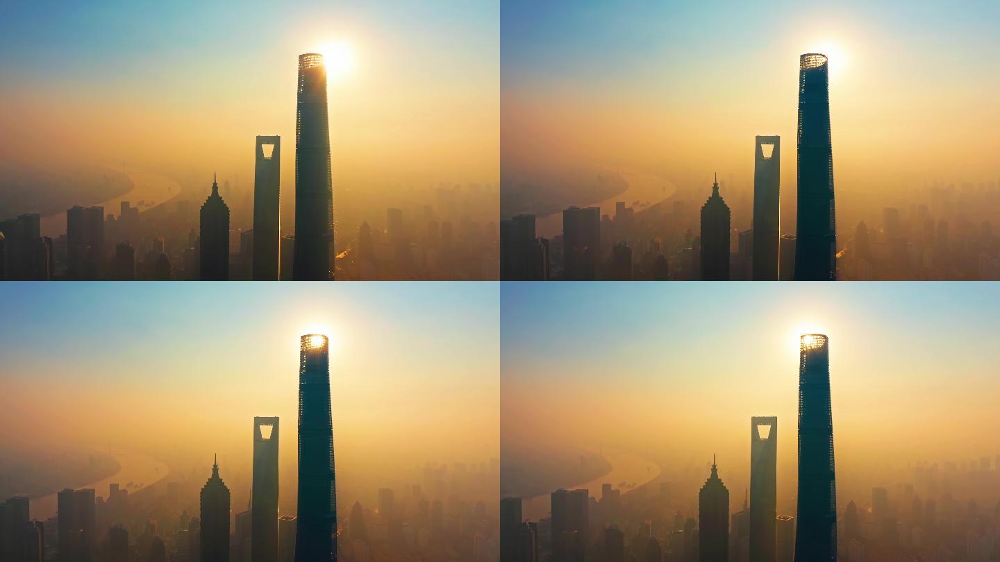 4K 上海复工陆家嘴平流雾日出 航拍视频