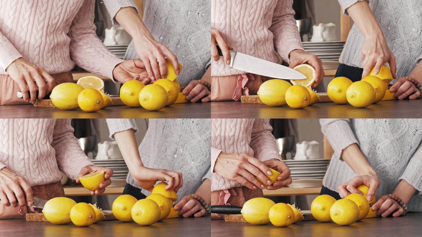 在厨房柜台上做柠檬水的女人
