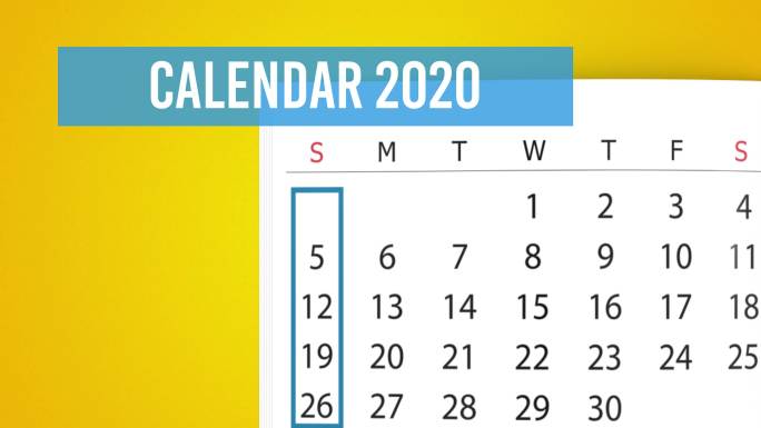 2020年4月日历翻页动画，黄色背景，4K分辨率