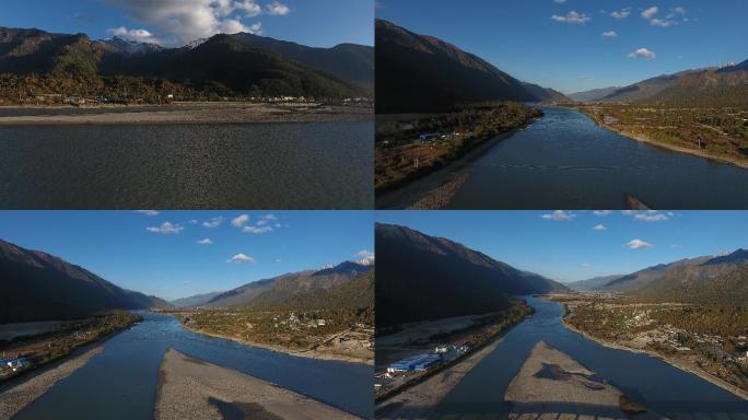 西藏尼洋河 村庄 河流 高山