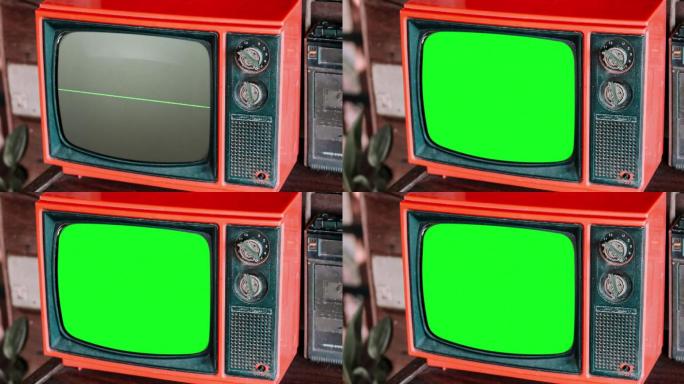 复古电视特写，彩色键屏幕红色