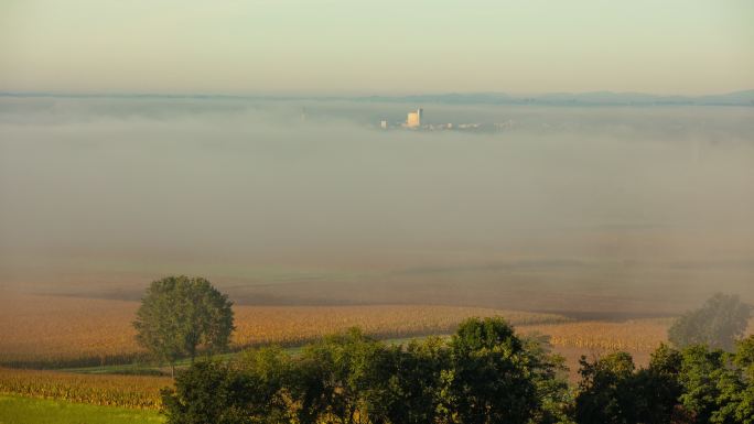大雾笼罩的乡村晨雾