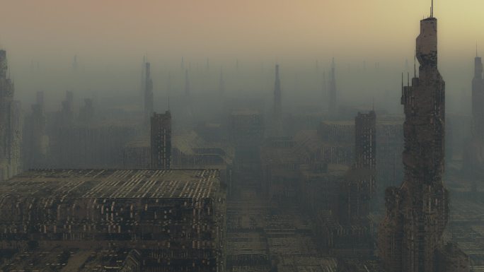 飞越被摧毁的城市雾霾严重雾霾衰败感