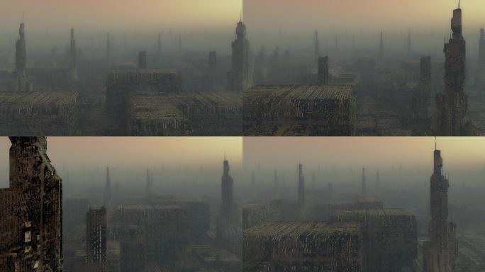 飞越被摧毁的城市雾霾严重雾霾衰败感