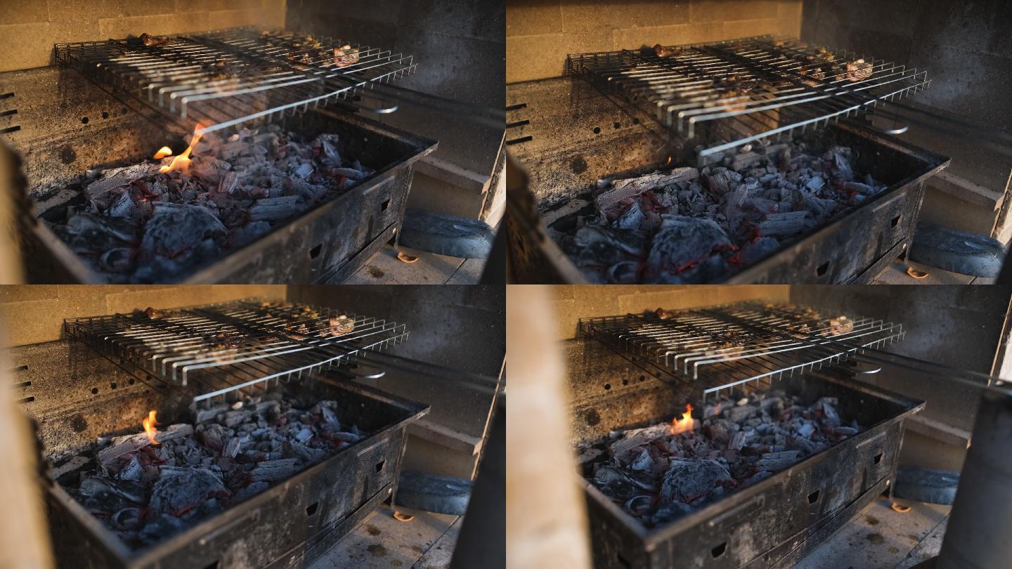 燃烧木炭烤架烤羊肉烤肉炭火