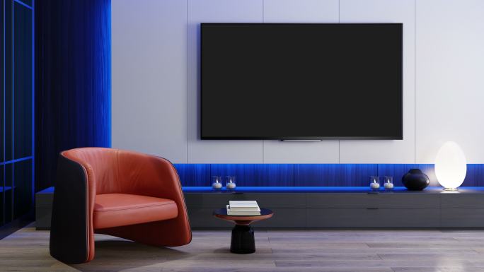 RGB灯蓝色至粉色循环-电视室现代极简室内，配备8K电视