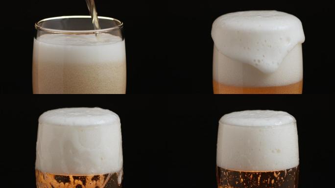 啤酒溅到了玻璃杯的边缘，留下了泡沫的痕迹