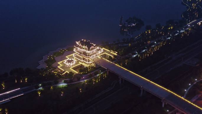 绍兴迪荡湖公园亭台楼阁建筑夜景,航拍全景