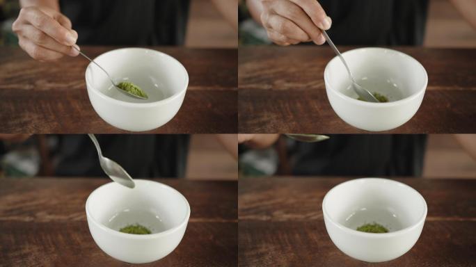 准备抹茶绿色粉末茶粉