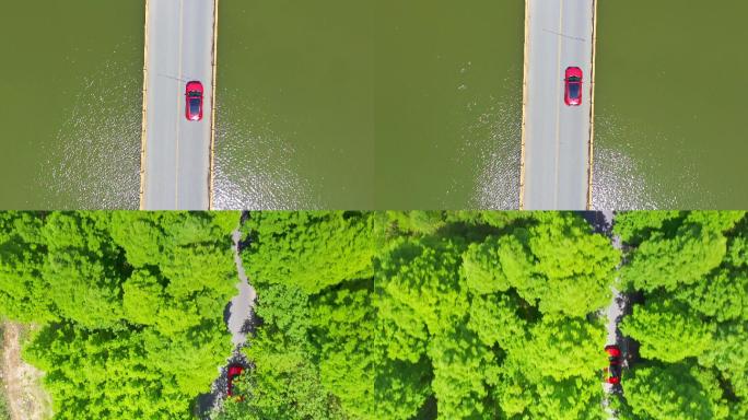 4K 汽车行驶经过桥与树林 俯拍航拍视频