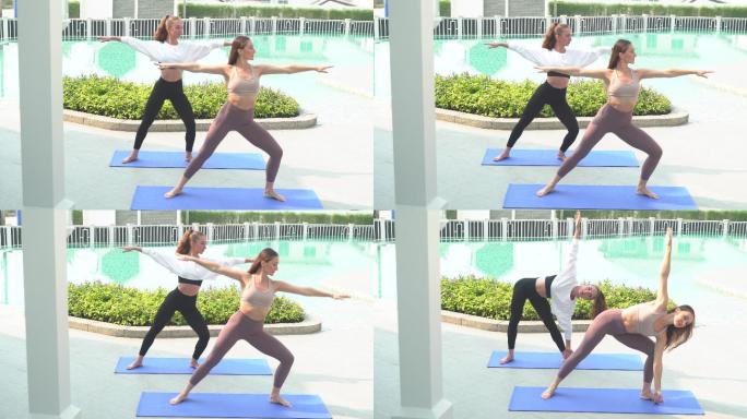 女子瑜伽和健身课程。晨练。