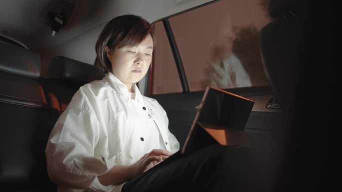 在汽车后座使用笔记本电脑的女性