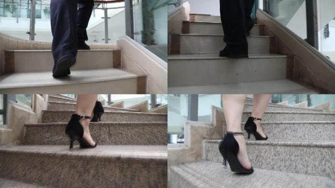 男生女生穿皮鞋高跟鞋上楼梯台阶