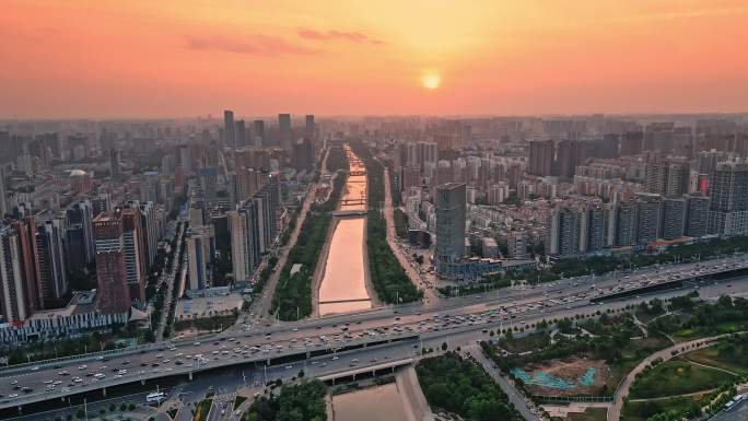 郑州城市大景航拍 城市空镜头 日出夕阳