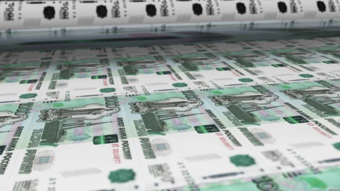 俄罗斯，俄罗斯卢布印刷机印刷当前1000卢布钞票，无缝循环，俄罗斯货币背景，4K，焦点深度