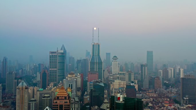 4K 上海外滩日出高楼悬日悬月航拍视频