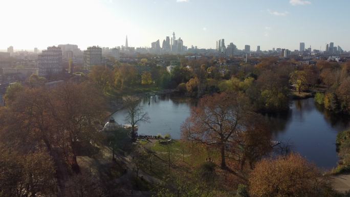 维多利亚公园（人民公园），秋天的伦敦东部（多利，无人机视角）