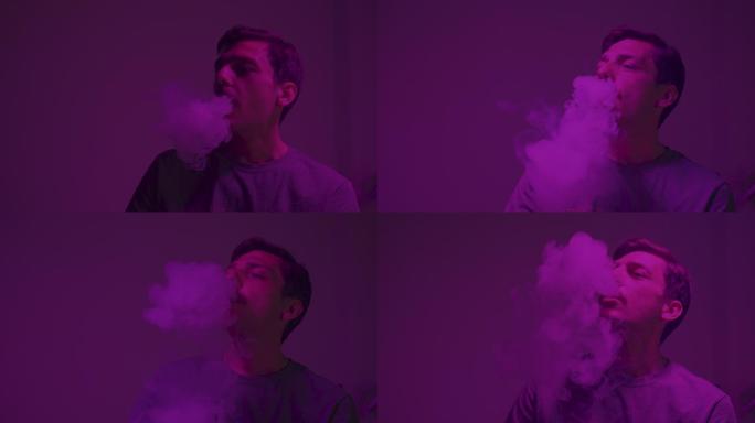 一个年轻人的肖像，在房间里吹着一叠烟，被紫光照亮