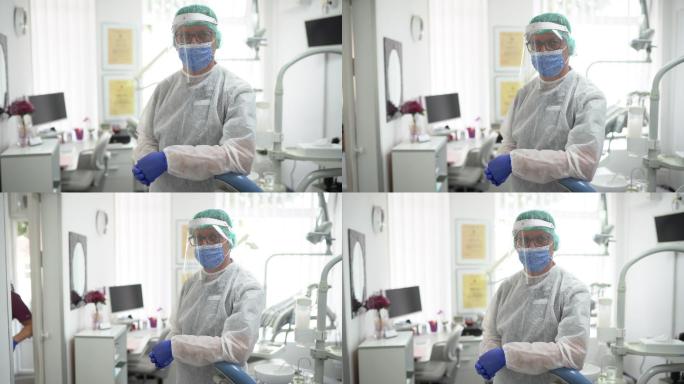 新冠肺炎流行期间牙医办公室的牙医肖像