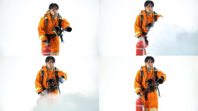 白色工作室背景上消防员使用灭火器的4K肖像