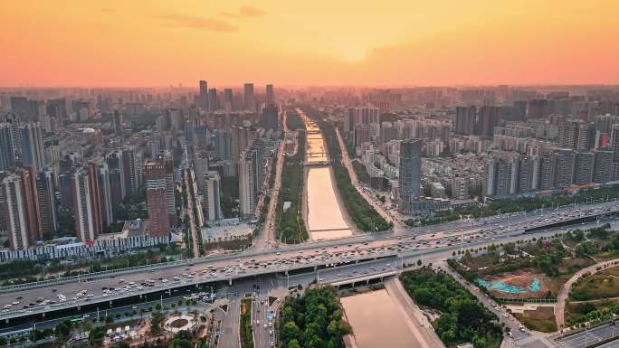 郑州城市大景航拍 城市空镜头 日出夕阳