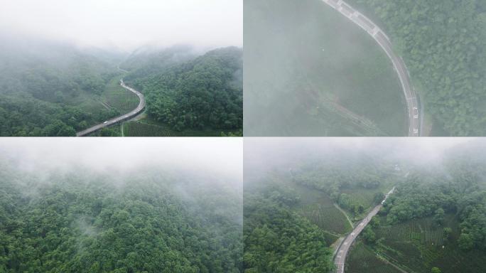 4k航拍西湖景区龙井村云雾