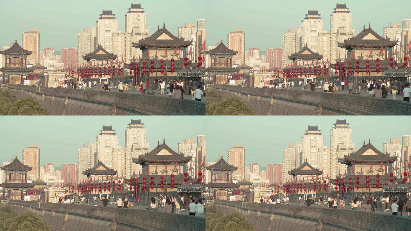 日落时的古城墙视图/中国陕西西安