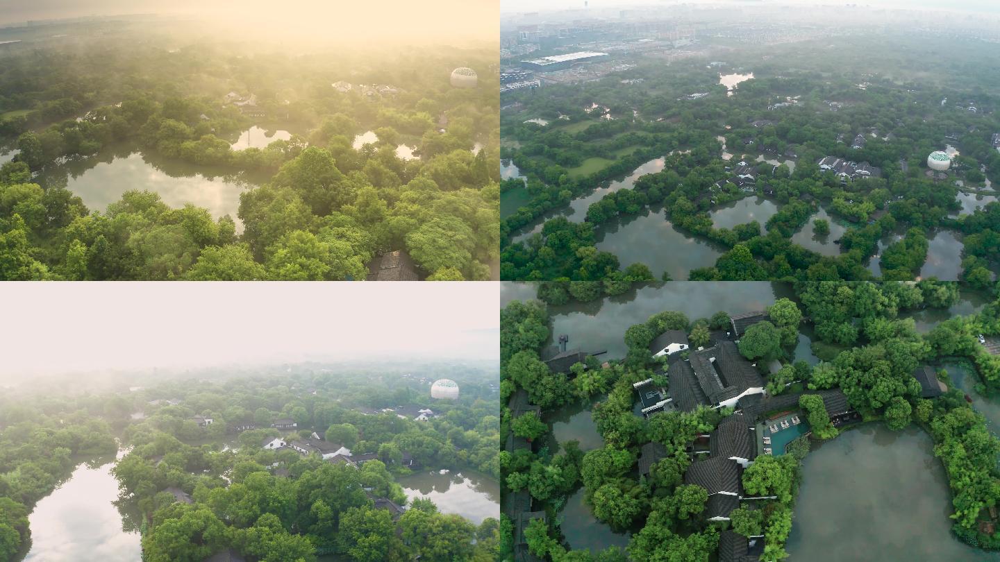 杭州西溪湿地初夏晨雾美景航拍