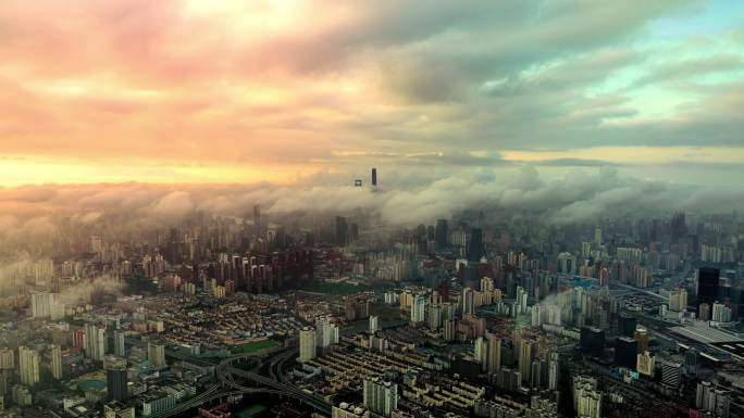 上海平流雾日出航拍延时摄影