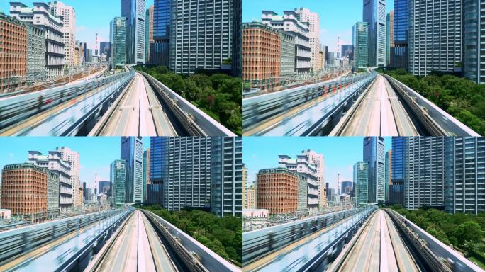 高速倒退的铁轨和现代城市建筑