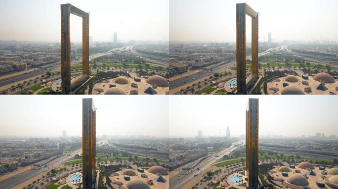 迪拜市中心附近的迪拜框架鸟瞰图，以及阿拉伯联合酋长国的老迪拜天际线