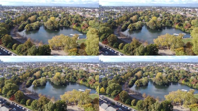 维多利亚公园（人民公园），伦敦东部秋季（跑道左侧，无人机视角）
