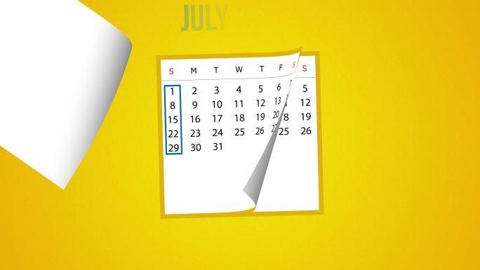 2022年7月日历翻页动画，黄色背景，4K分辨率