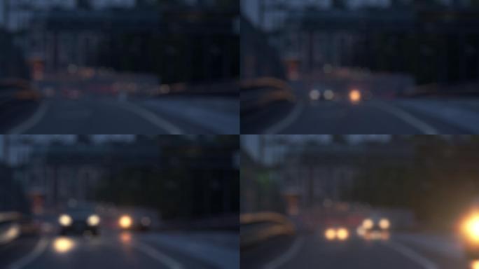 模糊的夜间画面显示了交通高峰期道路上的交通情况。
