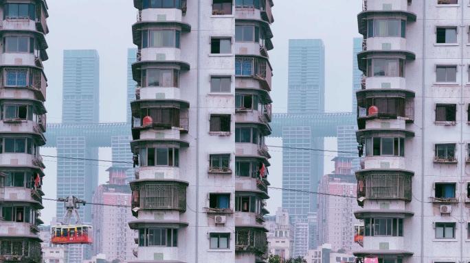 重庆白象居居民楼看长江索道缆车经过风景